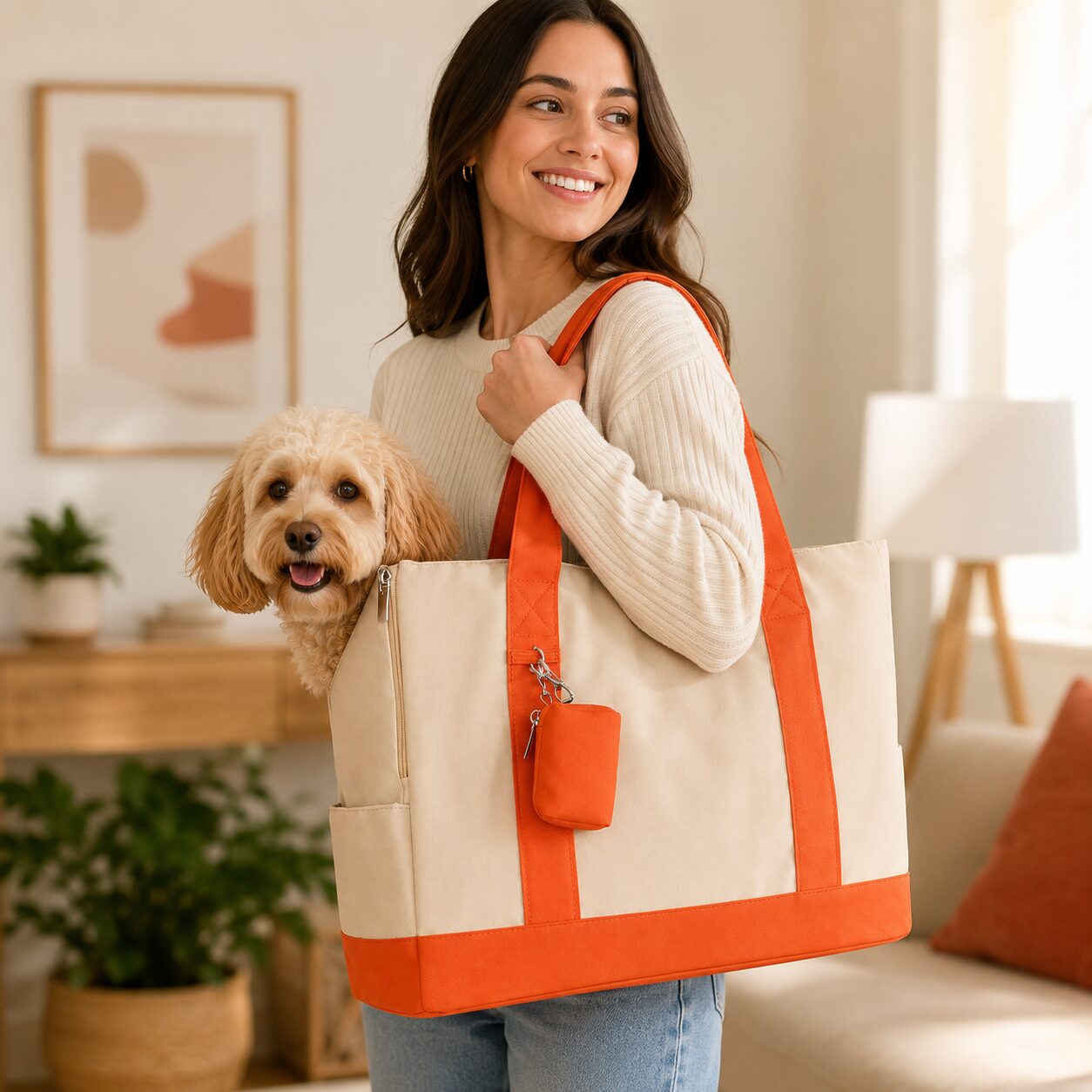 Contrast-Trim Pet Companion Tote