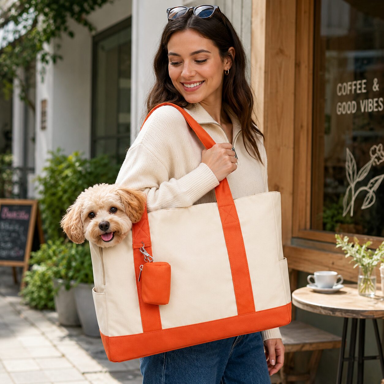 Contrast-Trim Pet Companion Tote