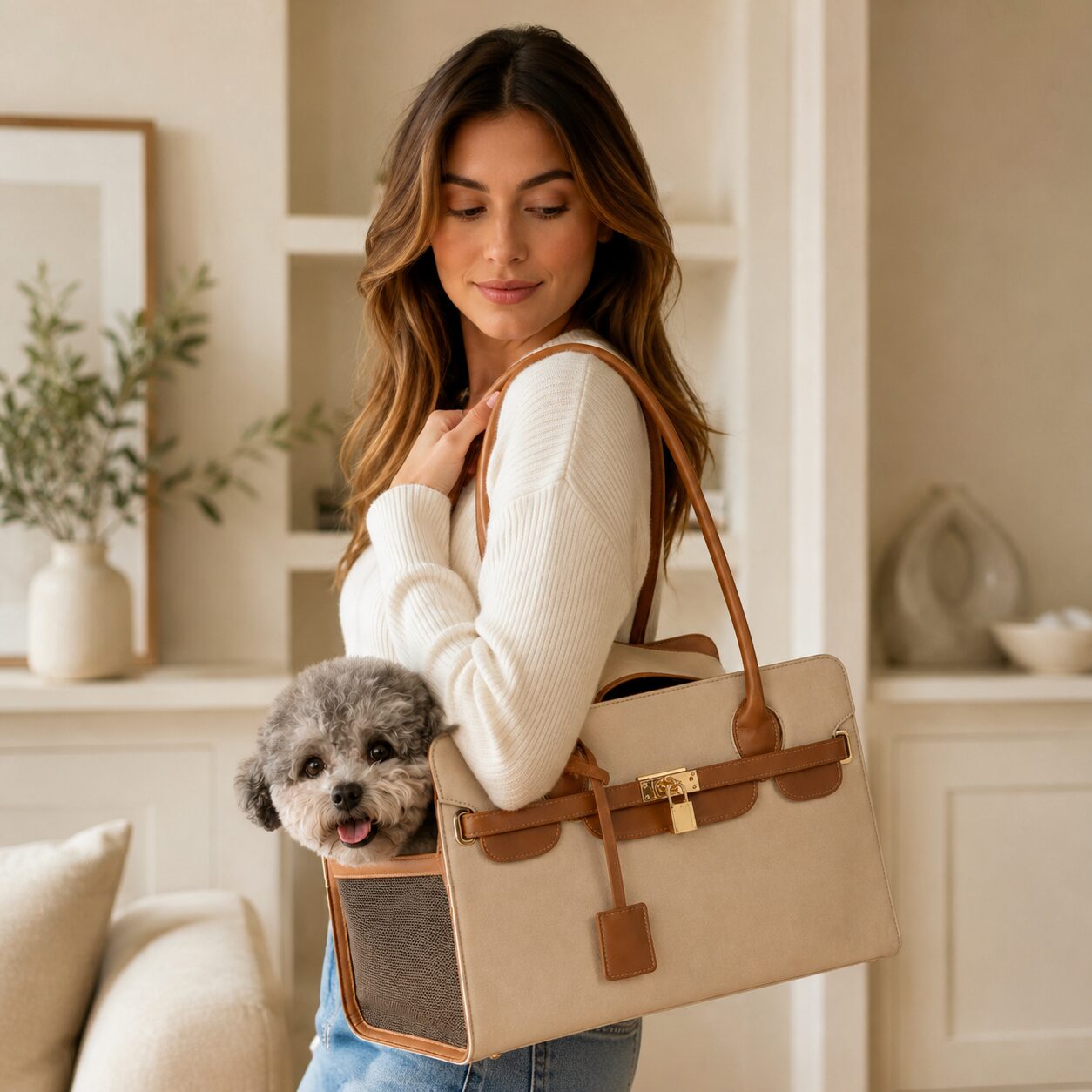 Elegant Lock-Detail Pet Carrier Handbag
