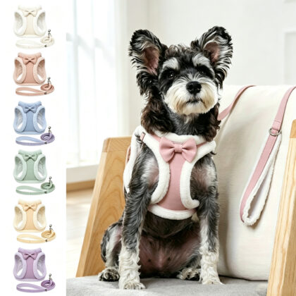 Plush Bow Tie Dog Harness and Leash Set