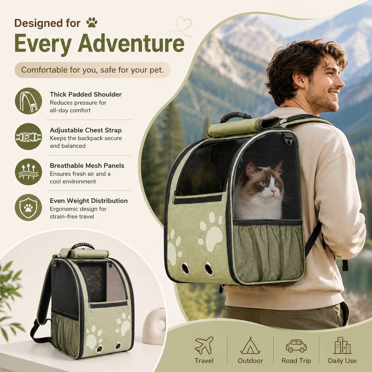 Roll-Top Ventilated Cat Travel Backpack