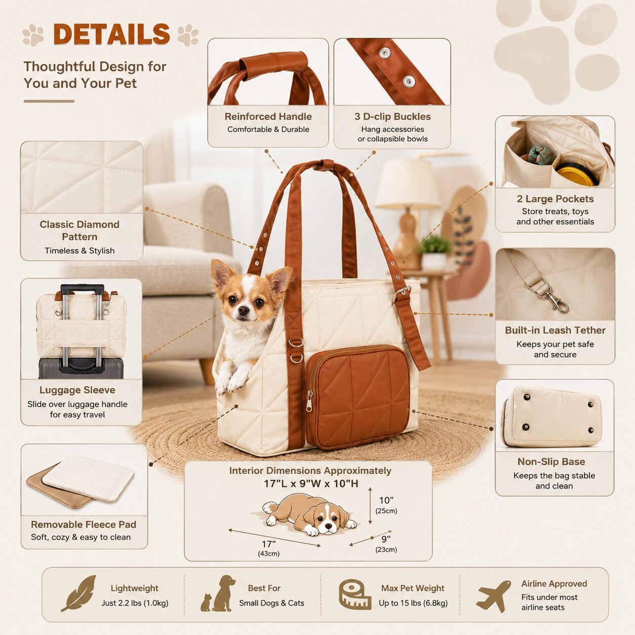 Side-Entry Pet Travel Tote with Utility Pocket