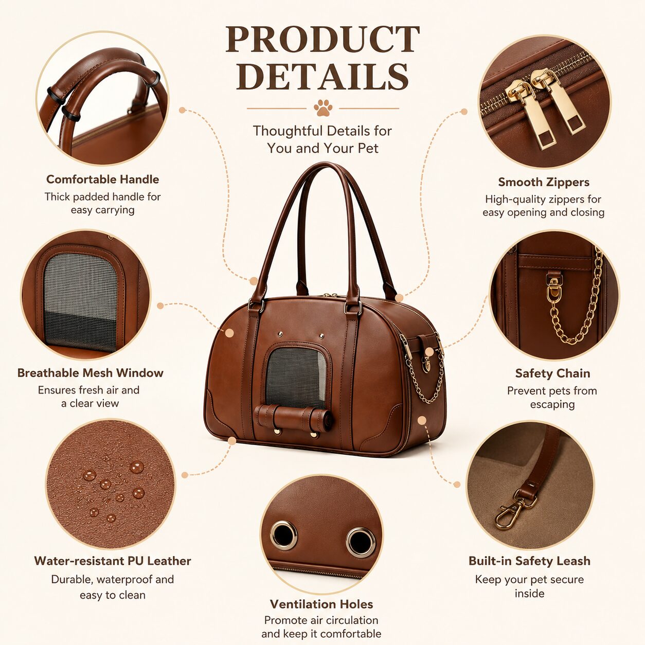 Vintage Leather-Style Pet Travel Handbag