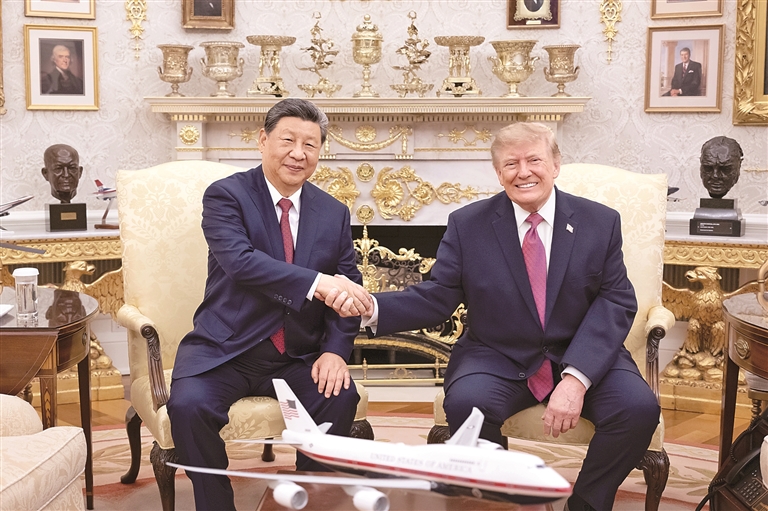 The handshake between Chinese President Xi Jinping and U.S. President Trump at the White House.