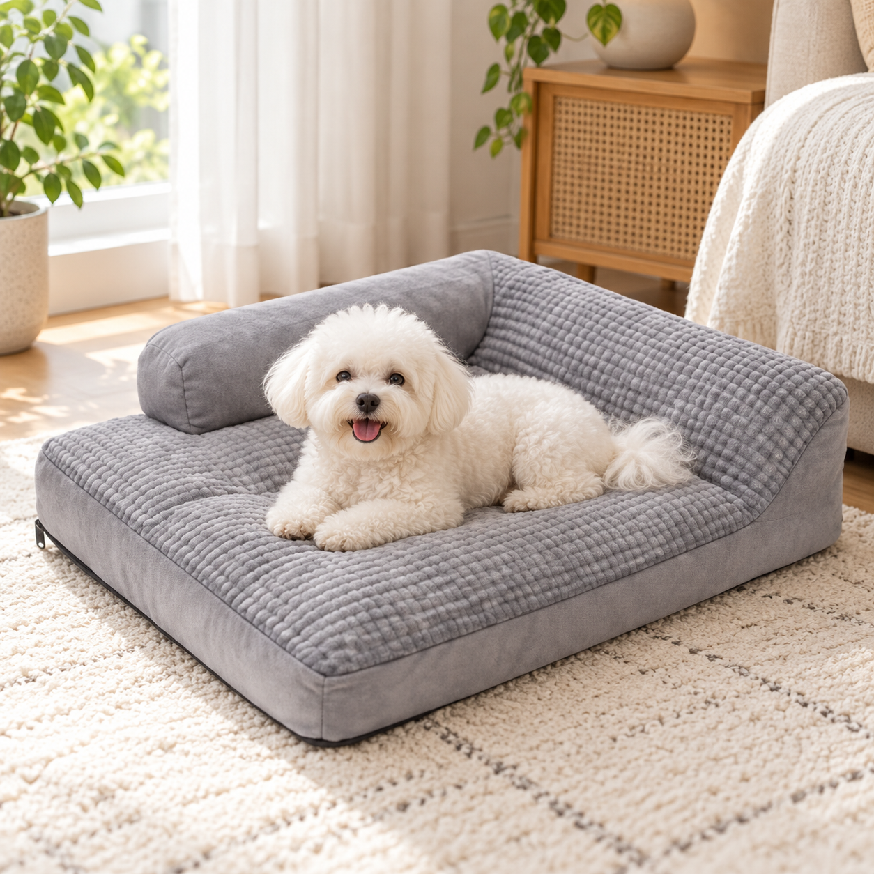 Cut Flannel Strap Detachable Dog Bed With Backrest