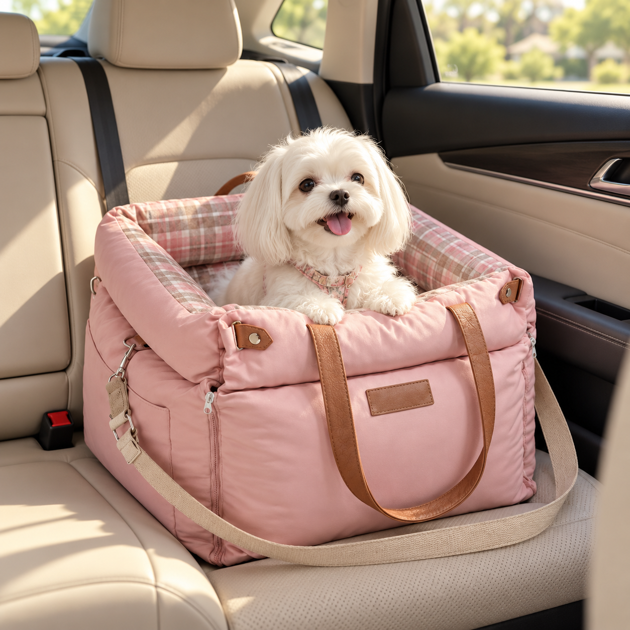 Plaid Luxury Nappa Leather Car Dog Bed